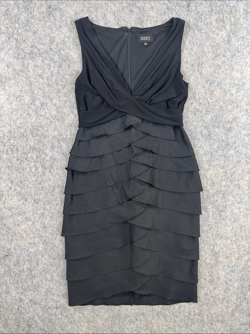 Adrianna Papell Black Sleeveless Tiered V-Neck Midi Dress Sz 10 Elegant